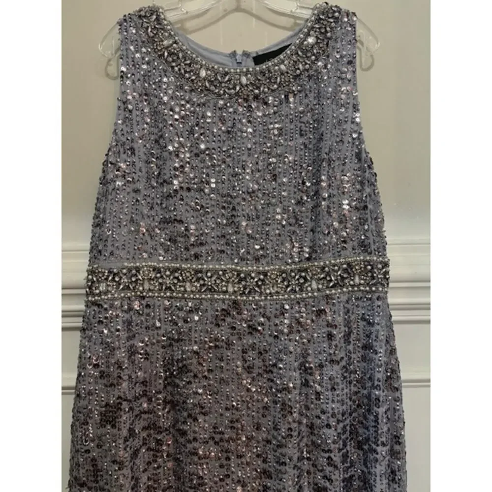 Mac Duggal Steel Blue Sequined Sleeveless Crew Neck Dress Formal Gown Size 14